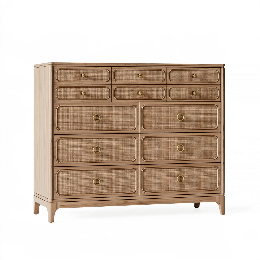 Cassettiera in legno naturale con inserti intrecciati stile retrò, dimensioni 150x45x120 cm, marca Parvireq
