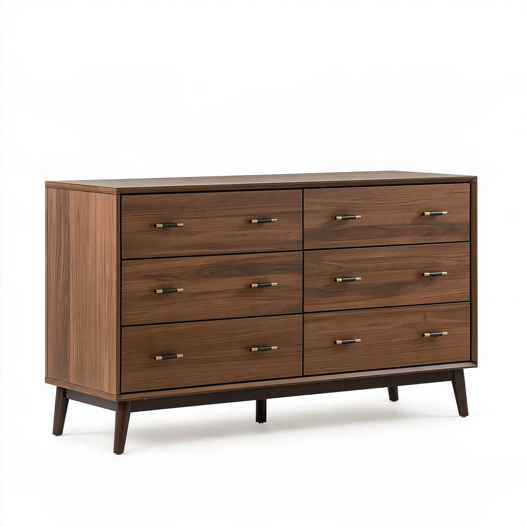 Cassettiera in legno marrone noce Parvireq con 6 cassetti, stile moderno, dimensioni 140x45x85 cm, arredamento elegante.