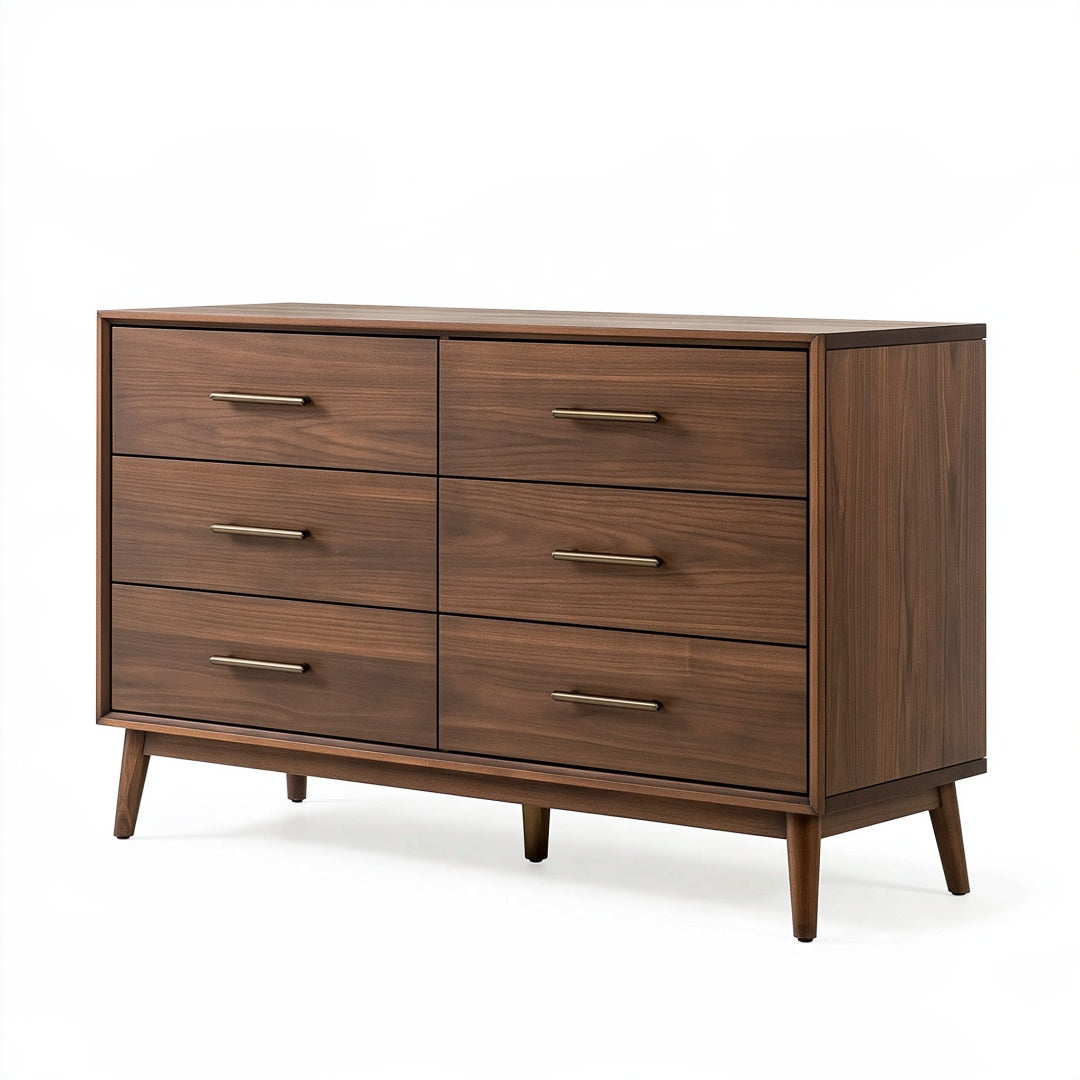 Cassettiera Parvireq in legno marrone con 6 cassetti, stile moderno, dimensioni 140x45x85 cm, elegante e funzionale.