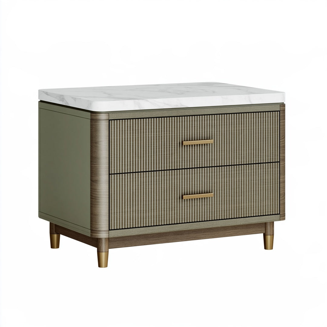 Comodino 60 x 45 x 60 cm in legno grigio verde con piano effetto marmo - 2 cassetti stile moderno