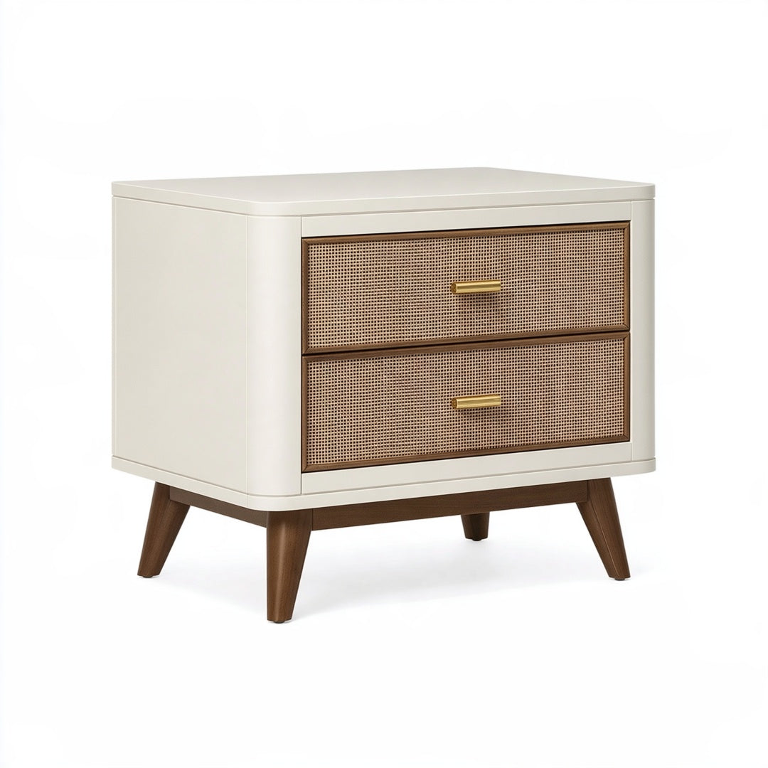 Comodino 70 x 40 x 65 cm in legno bianco e rattan - due cassetti stile retrò