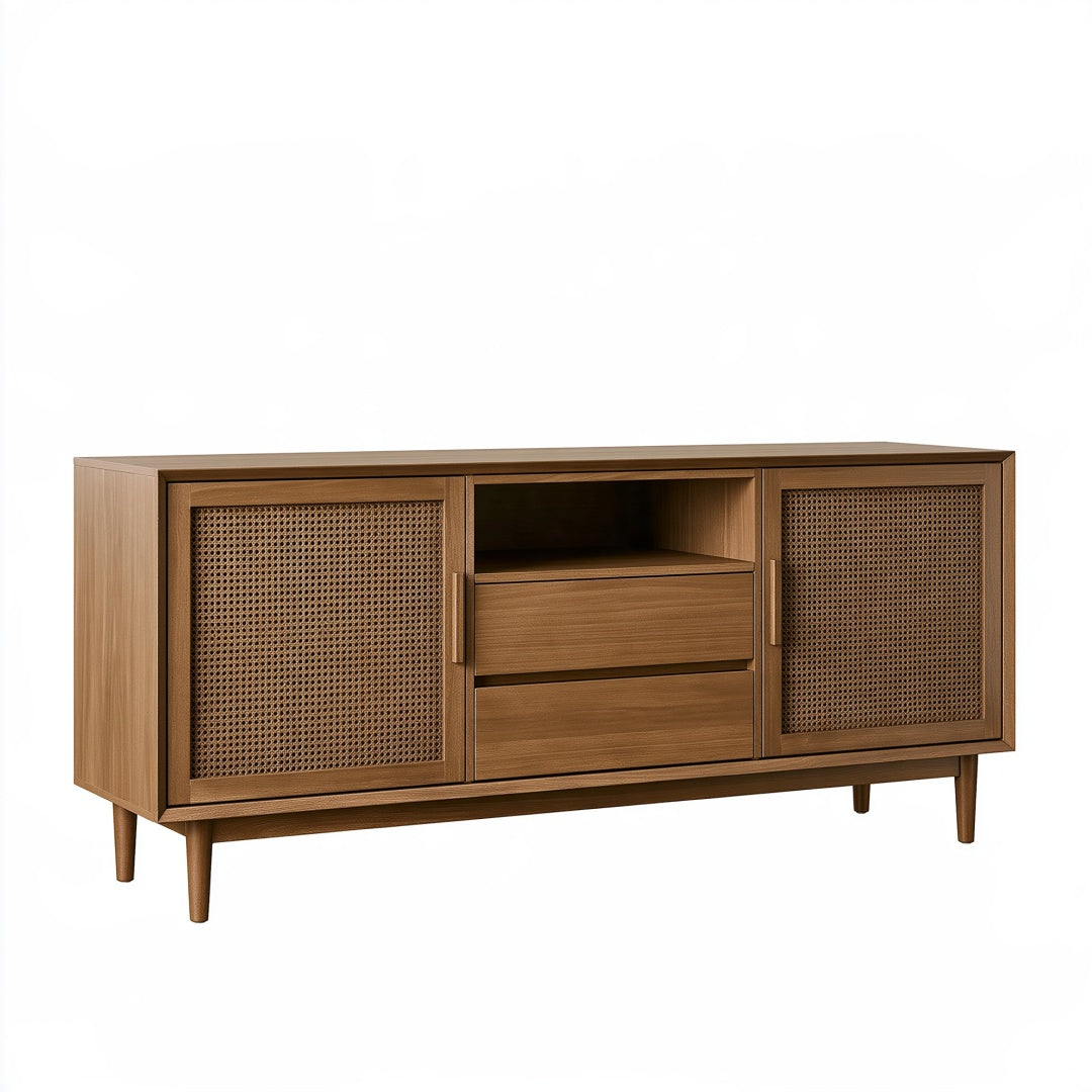 Credenza Parvireq in legno marrone con dettagli in rattan, mobile contenitore stile retrò, misura 160x40x80 cm.