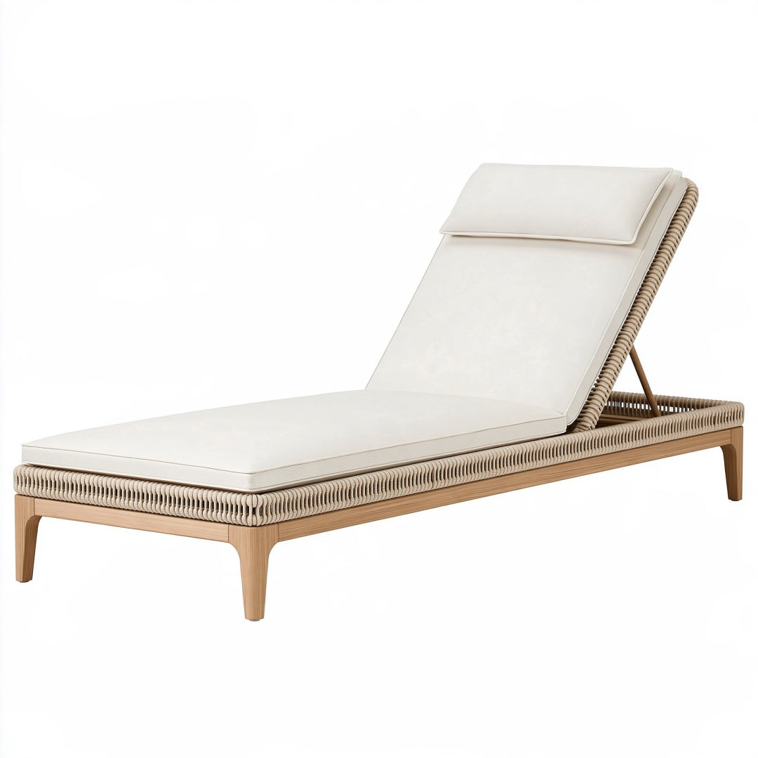 Lettino prendisole Parvireq in legno e fibra intrecciata avorio, 200x70 cm con schienale regolabile per esterni