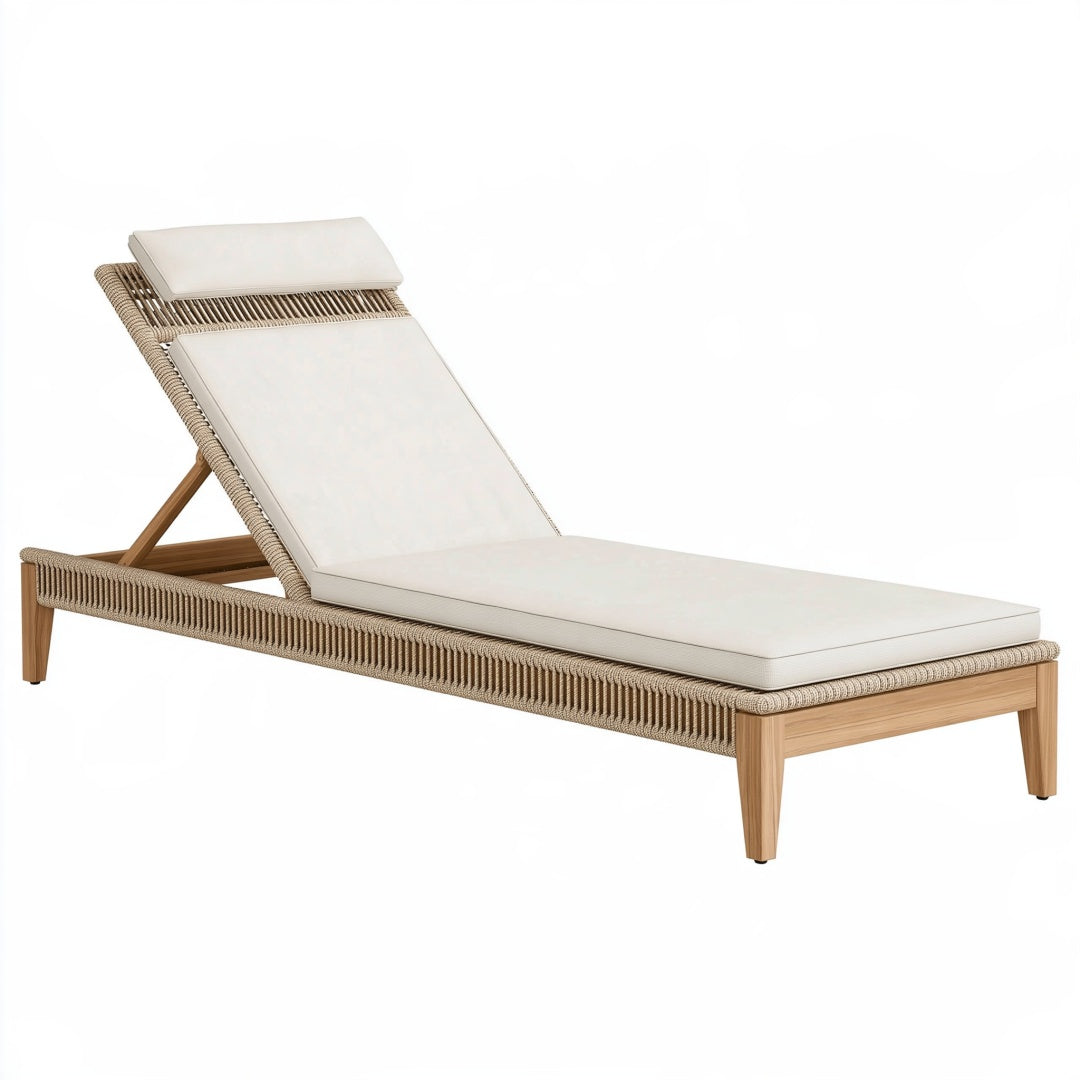 Lettino prendisole Parvireq in legno e corda beige, 200x70 cm, con schienale regolabile e design elegante.