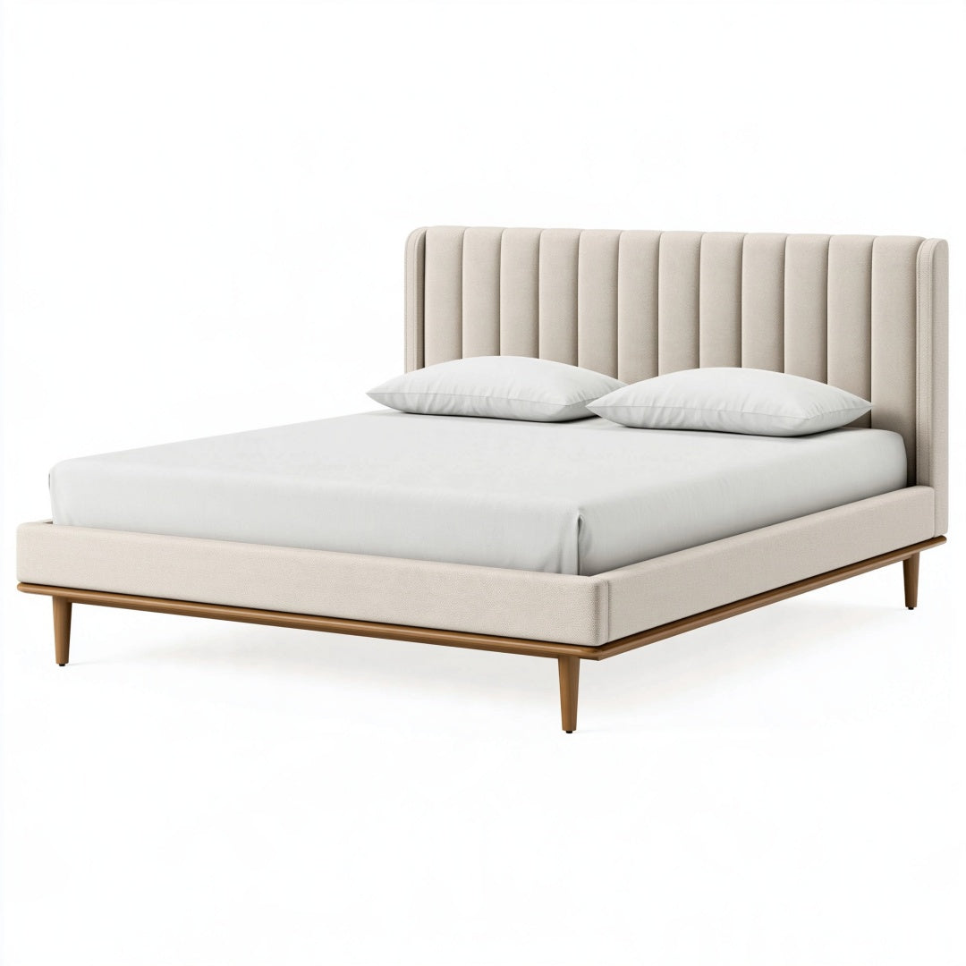 Letto matrimoniale Parvireq 160x200 cm in tessuto beige con testiera imbottita in stile moderno.