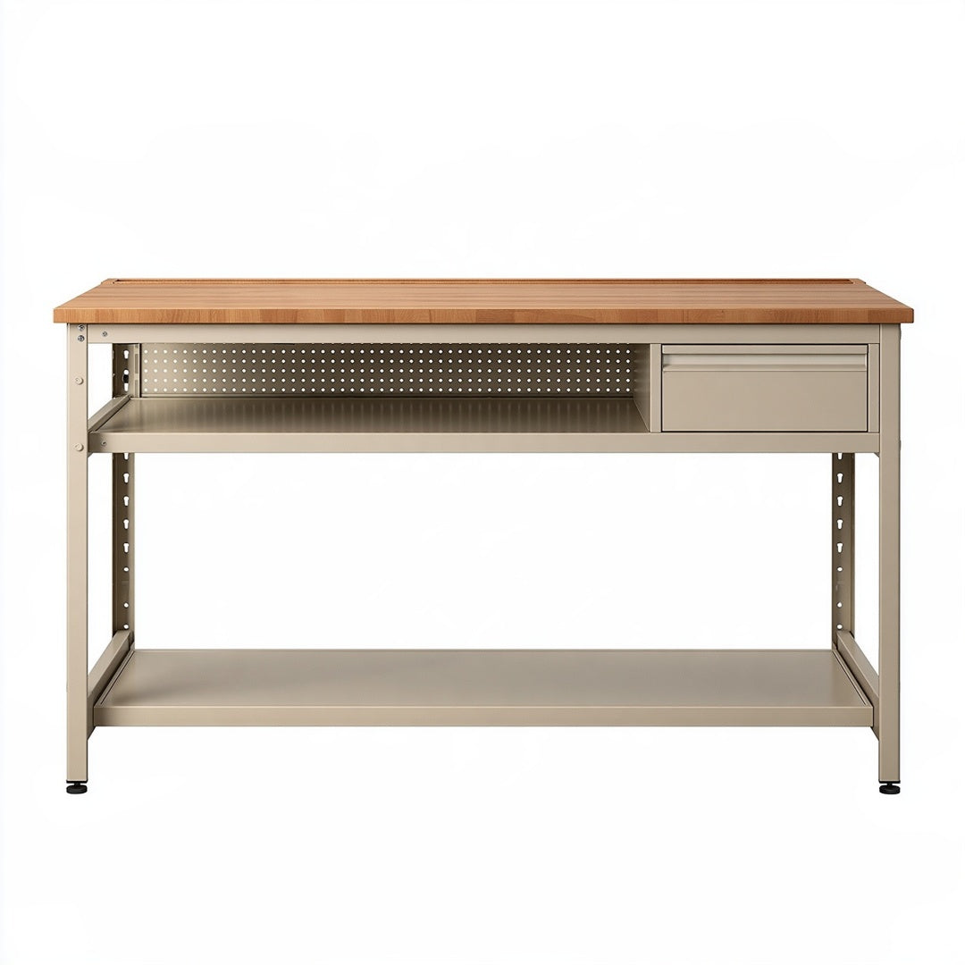 Banco da lavoro 120 x 60 x 90 cm in acciaio e legno marrone/beige con ripiani e cassetto