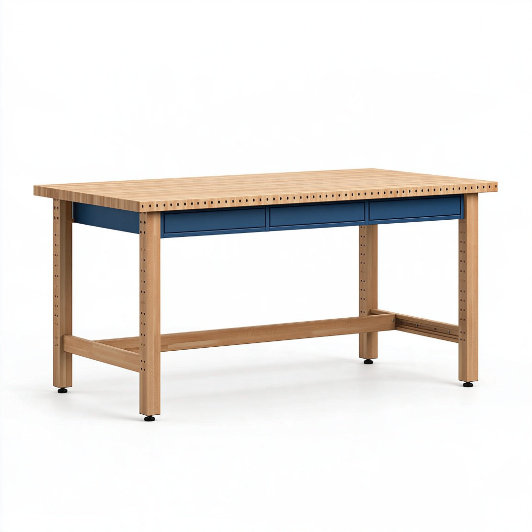 Banco da lavoro 180 x 80 x 90 cm in legno naturale e blu con tre cassetti stile industriale