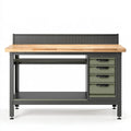 Banco da lavoro 160x60x150 cm in acciaio e legno naturale con 4 cassetti