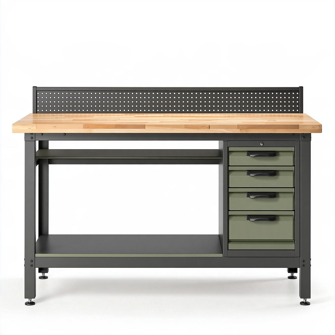 Banco da lavoro 160x60x150 cm in acciaio e legno naturale con 4 cassetti
