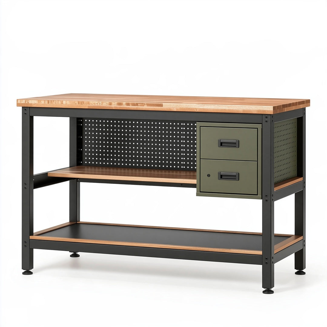 Banco da lavoro 140 x 70 x 90 cm in legno e metallo nero verde con 2 cassetti