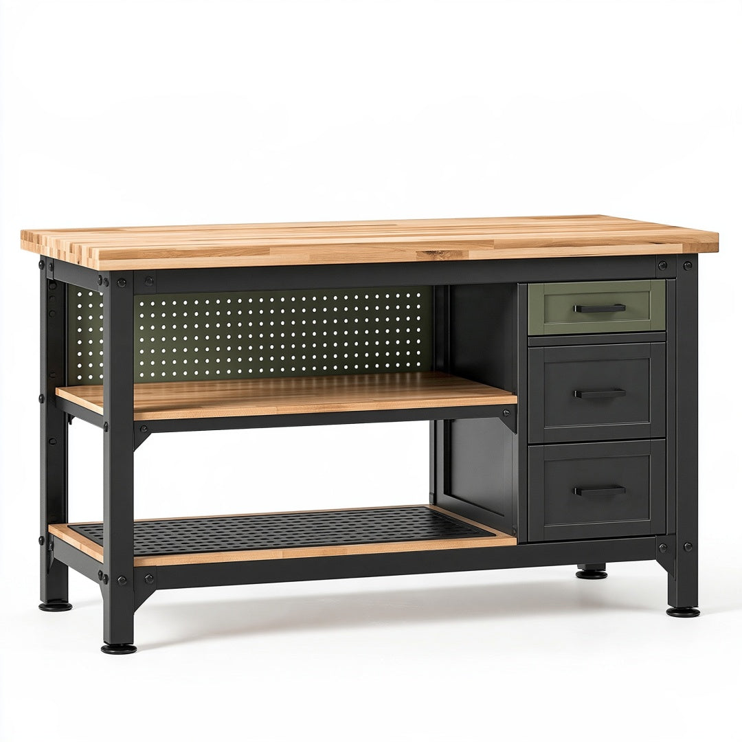 Banco da lavoro 120 x 60 x 90 cm in legno e metallo nero con cassetti stile industriale