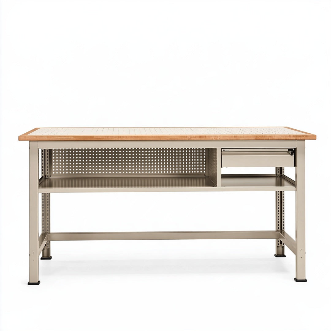 Banco da lavoro 120 x 60 x 90 cm in acciaio beige e bambù con cassetto stile industriale