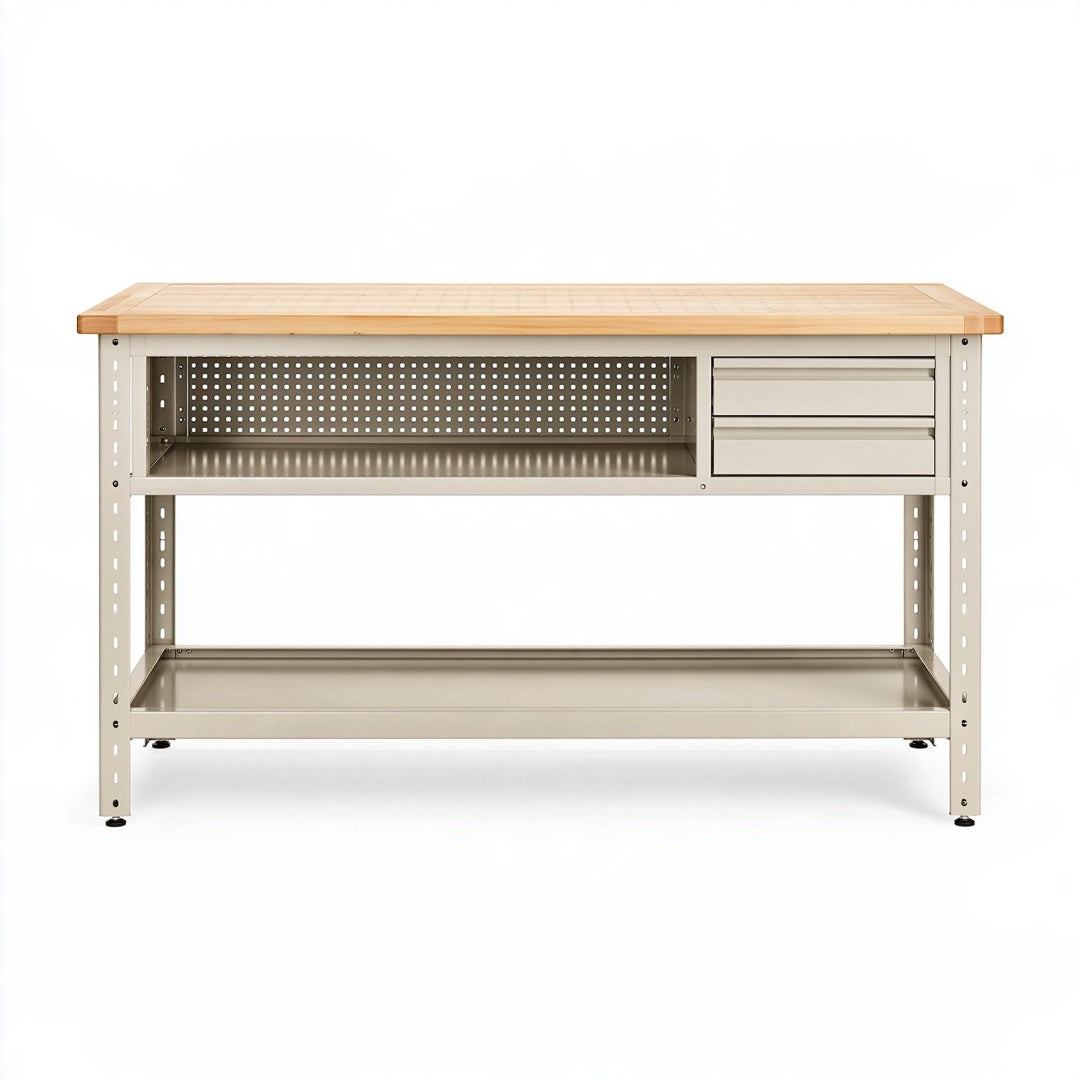 Banco da lavoro 120 x 60 x 90 cm in acciaio beige e legno naturale con cassetti e ripiano