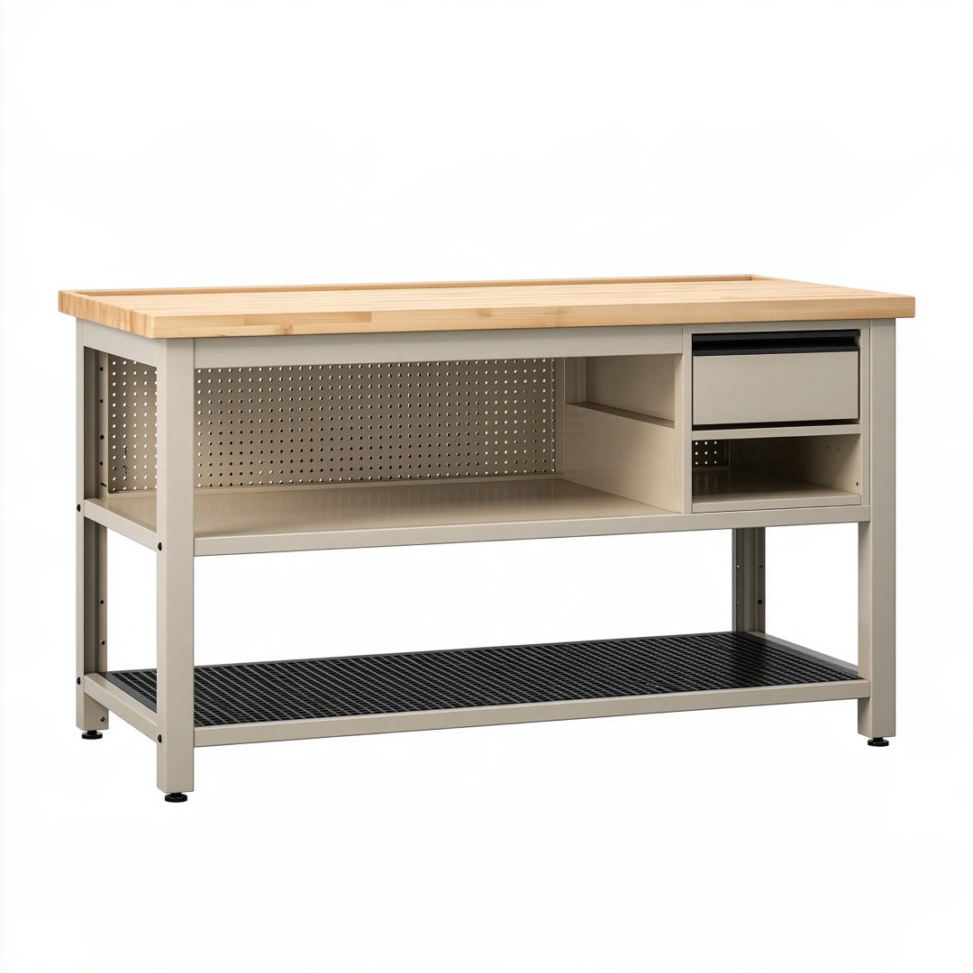Banco da lavoro 120 x 60 x 90 cm in acciaio beige e legno naturale con cassetto e ripiani