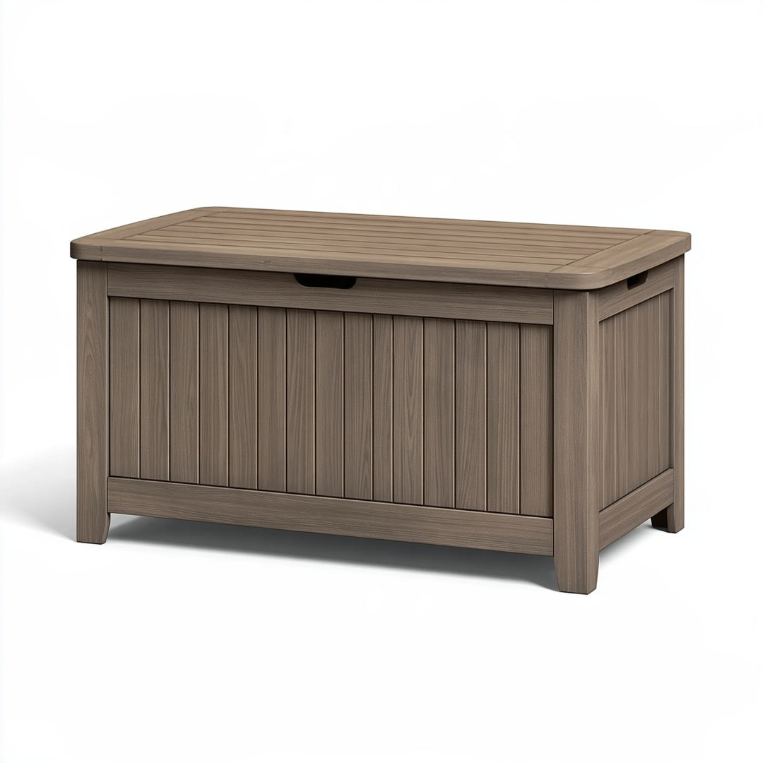 Cassapanca da giardino 120 x 60 x 65 cm in resina tortora effetto legno con coperchio