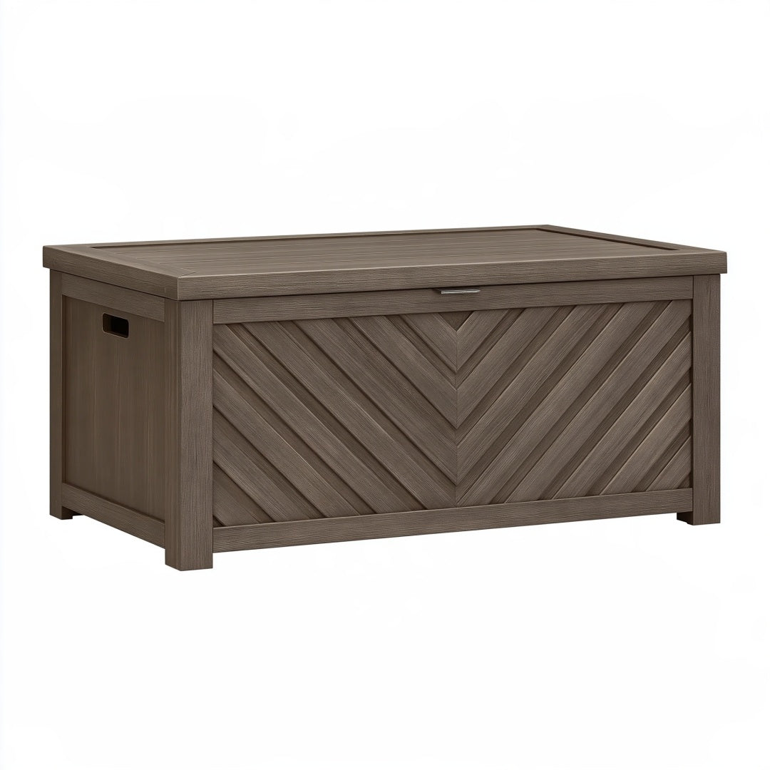 Cassapanca da esterno 120 x 60 x 65 cm in resina marrone tortora effetto legno con coperchio