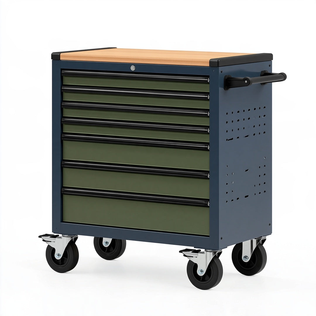 Cassettiera portautensili 80 x 45 x 98 cm in acciaio blu e verde con piano in legno su ruote