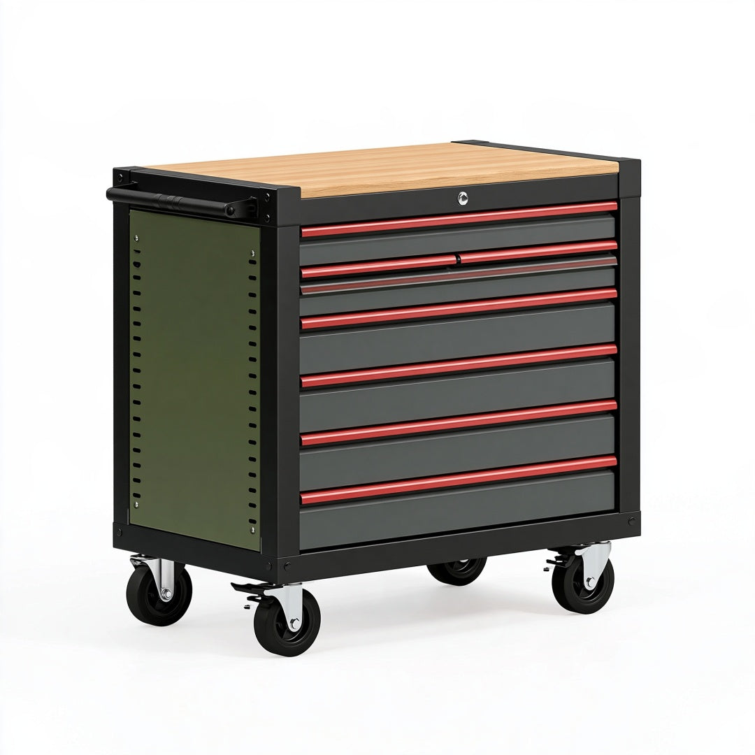 Carrello portautensili 76 x 46 x 96 cm in acciaio nero e legno - 7 cassetti da officina mobile
