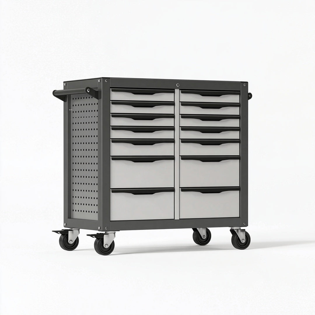 Carrello portautensili 100 x 50 x 95 cm in acciaio nero e grigio con 14 cassetti e ruote