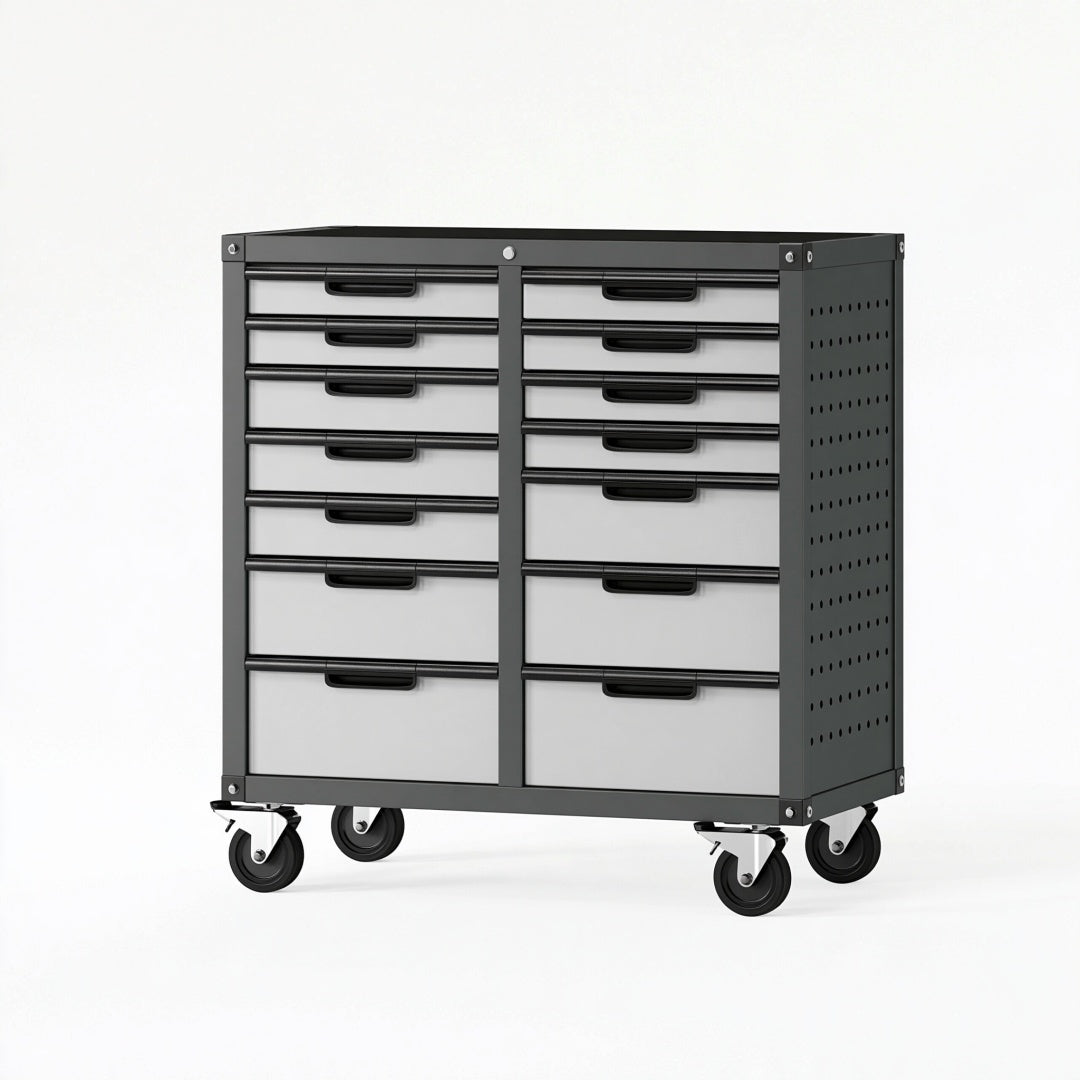 Cassettiera portautensili 90 x 50 x 95 cm in acciaio nero e grigio con ruote e 12 cassetti
