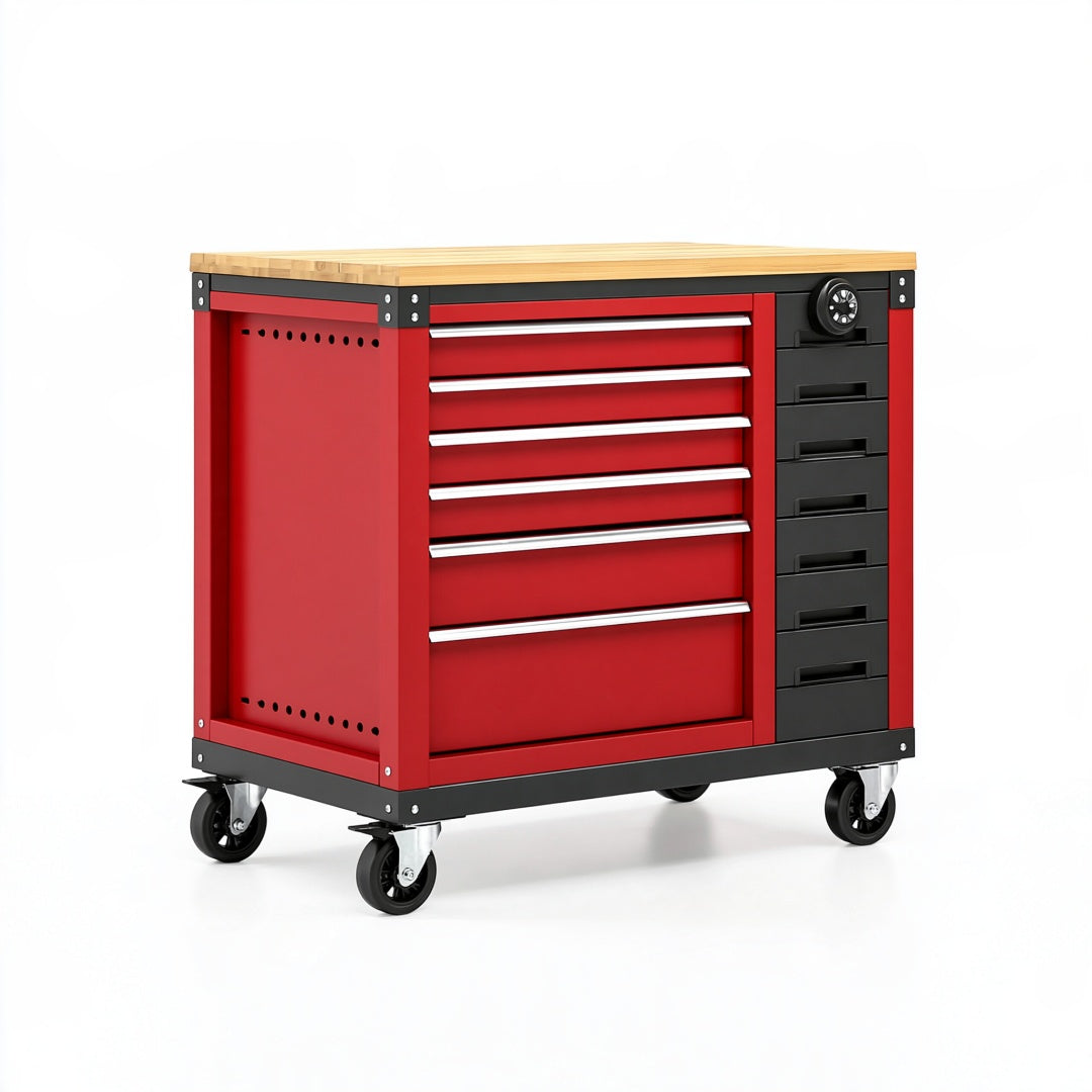 Carrello portautensili 110 x 46 x 95 cm in metallo rosso e nero con piano in legno e 12 cassetti