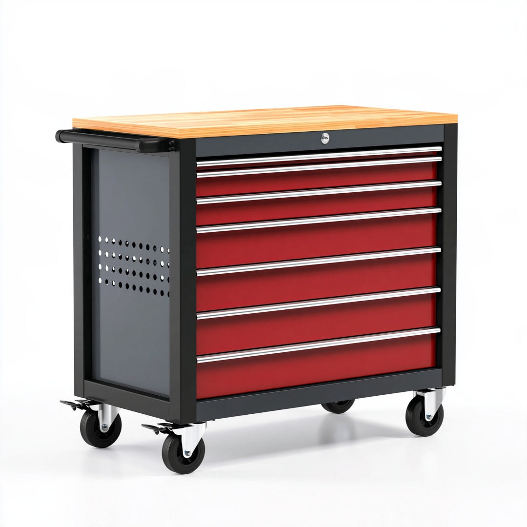 Carrello portautensili 77 x 46 x 97 cm in acciaio nero e rosso con piano in legno e 7 cassetti