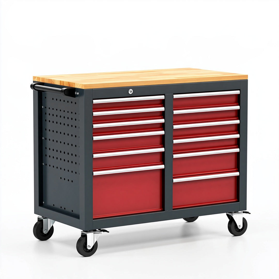 Carrello portautensili 105 x 52 x 95 cm in acciaio rosso nero con piano in legno e 12 cassetti