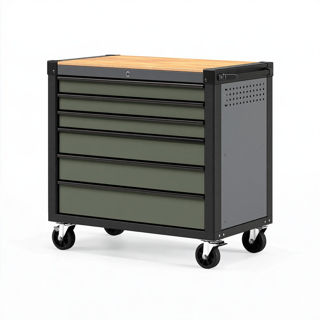 Cassettiera portautensili 85 x 46 x 95 cm in acciaio nero e verde con piano in legno e ruote
