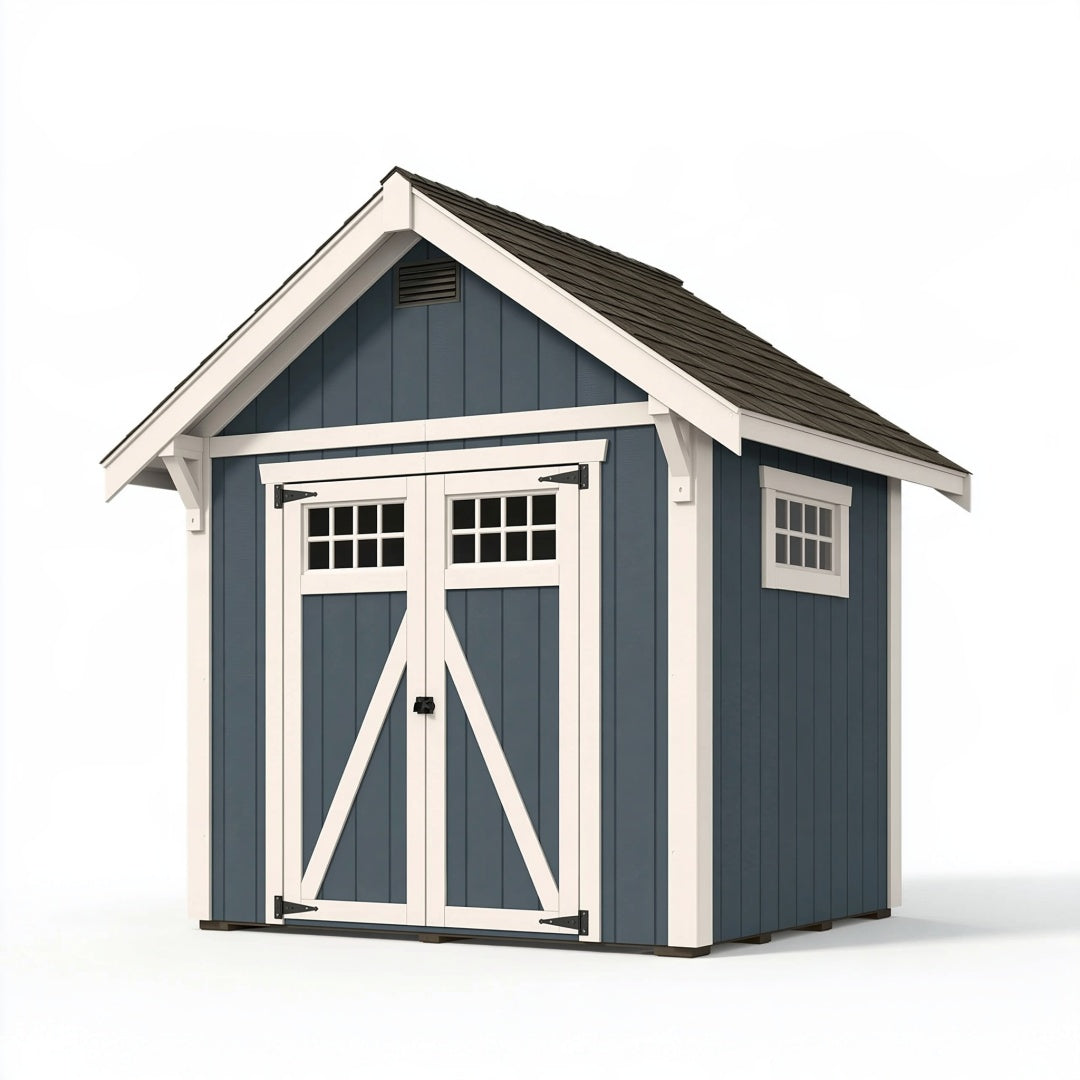 Casetta da giardino in legno blu e bianco Parvireq, deposito esterno in stile rustico, misura 240x180x250 cm.